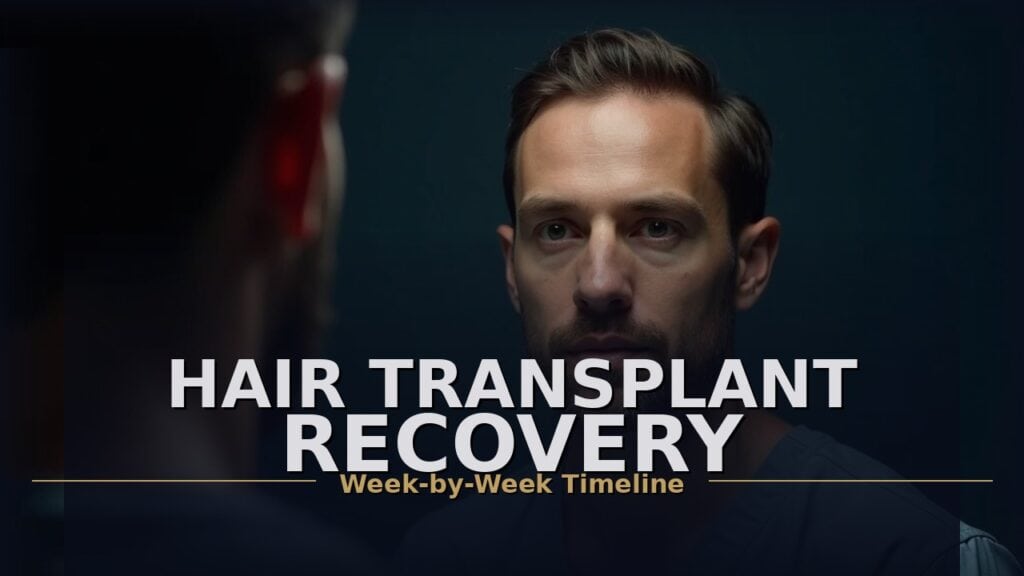 Man checking his hairline recovery progress in mirror after hair transplant surgery